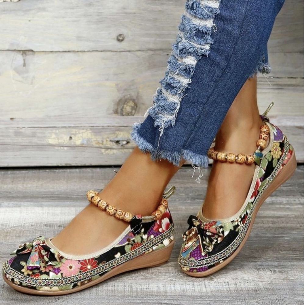 Black & multi color Bow-accent bead Ankle-strap Flat